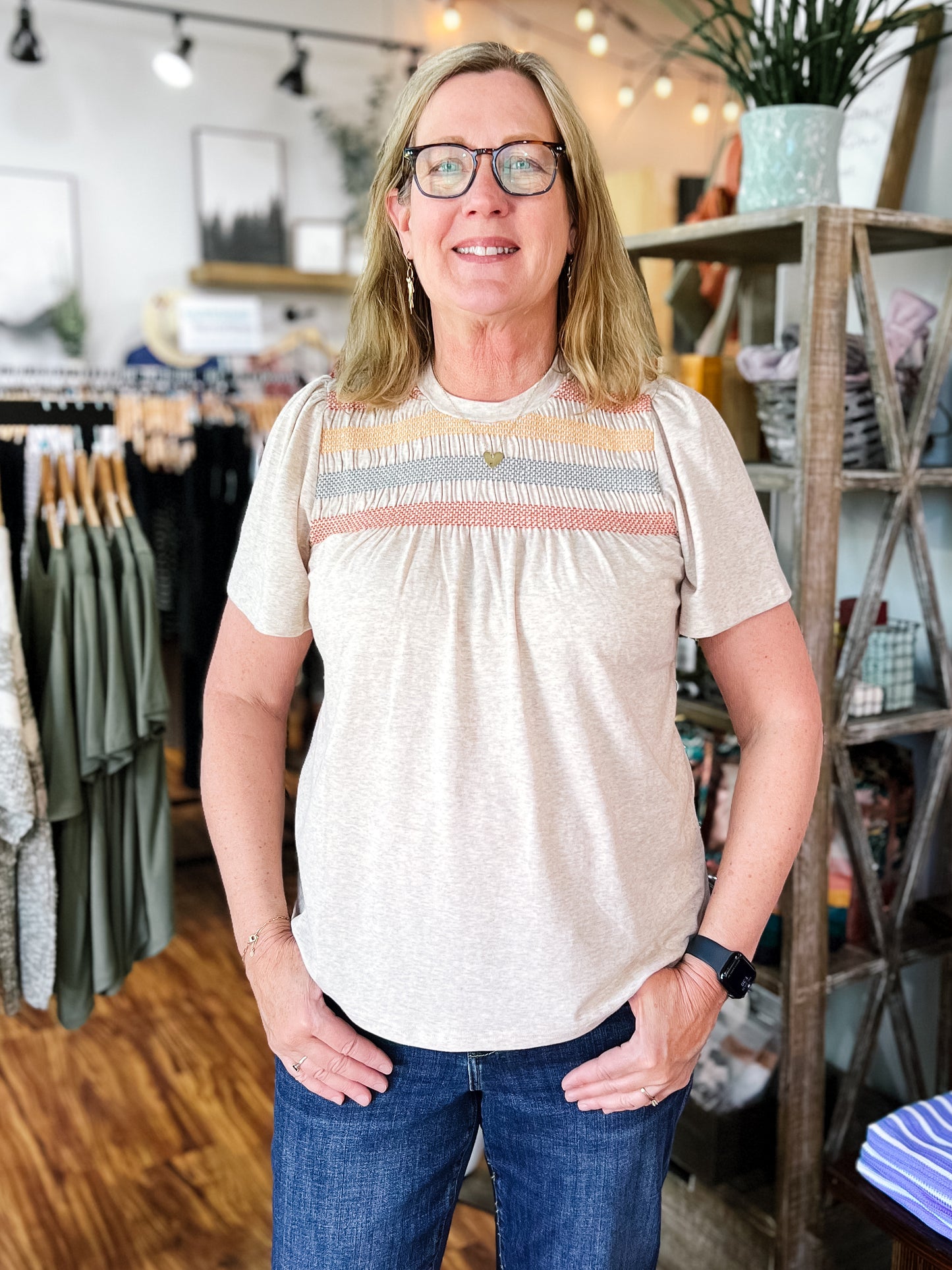 Beige Short Sleeve Smocked Top