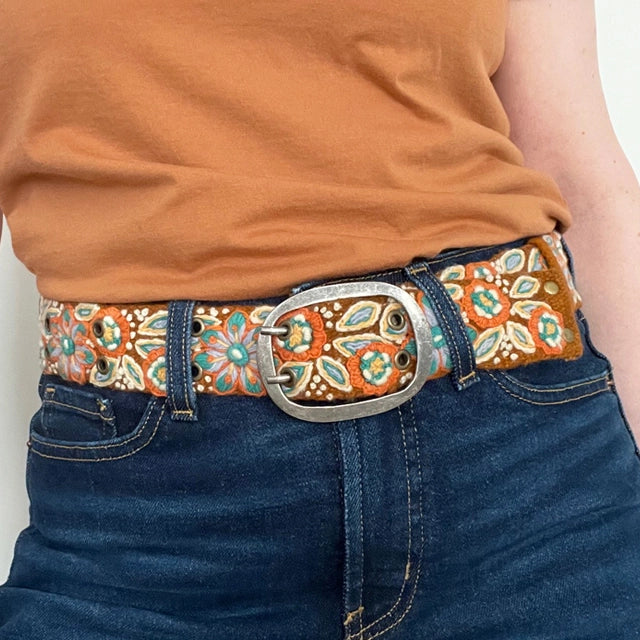 Rust W/ Floral Embroidered Wool Belt