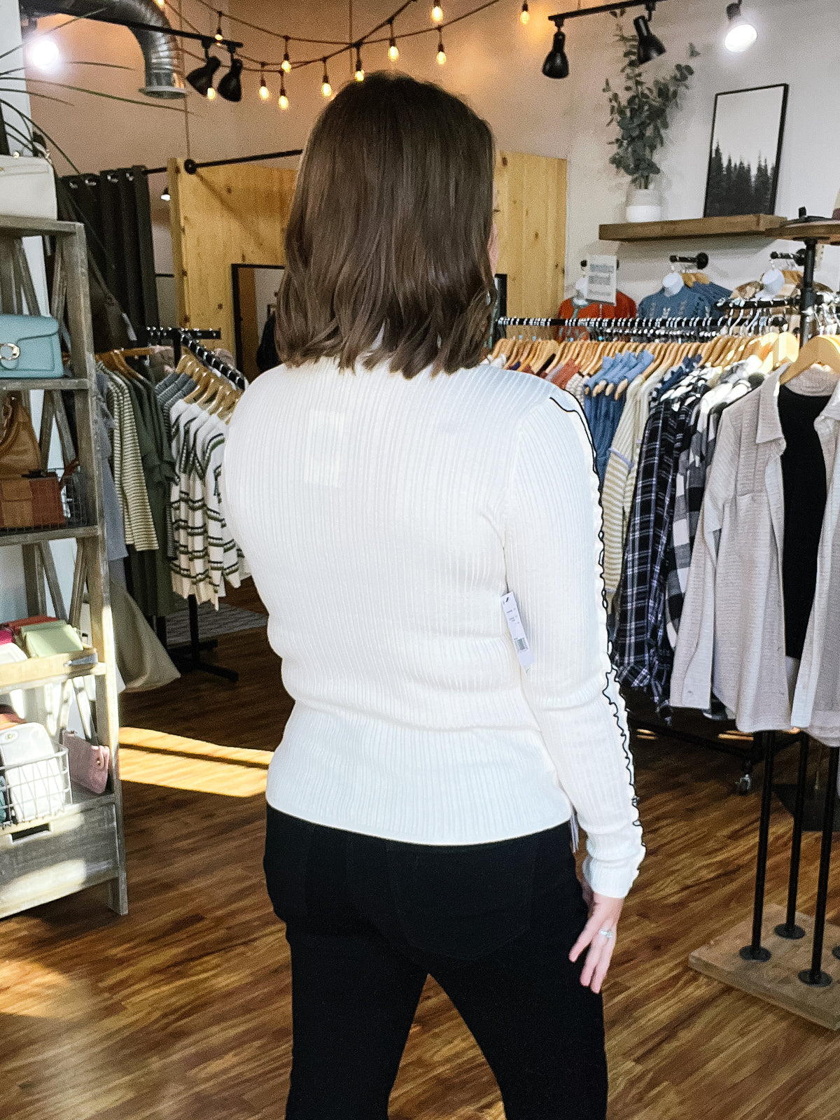 Cream Ribbed Knit Top w/ Black Ruffle Detail