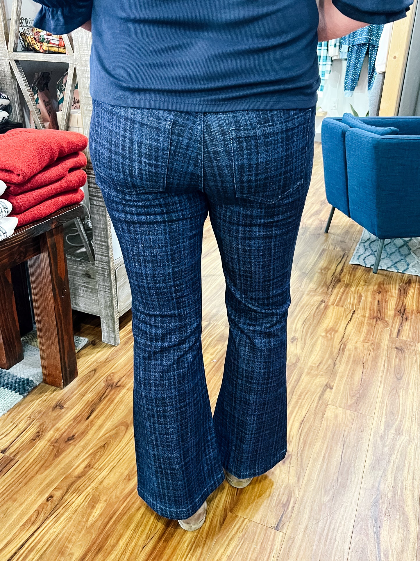 Hannah Flare Dark Blue Plaid Jean