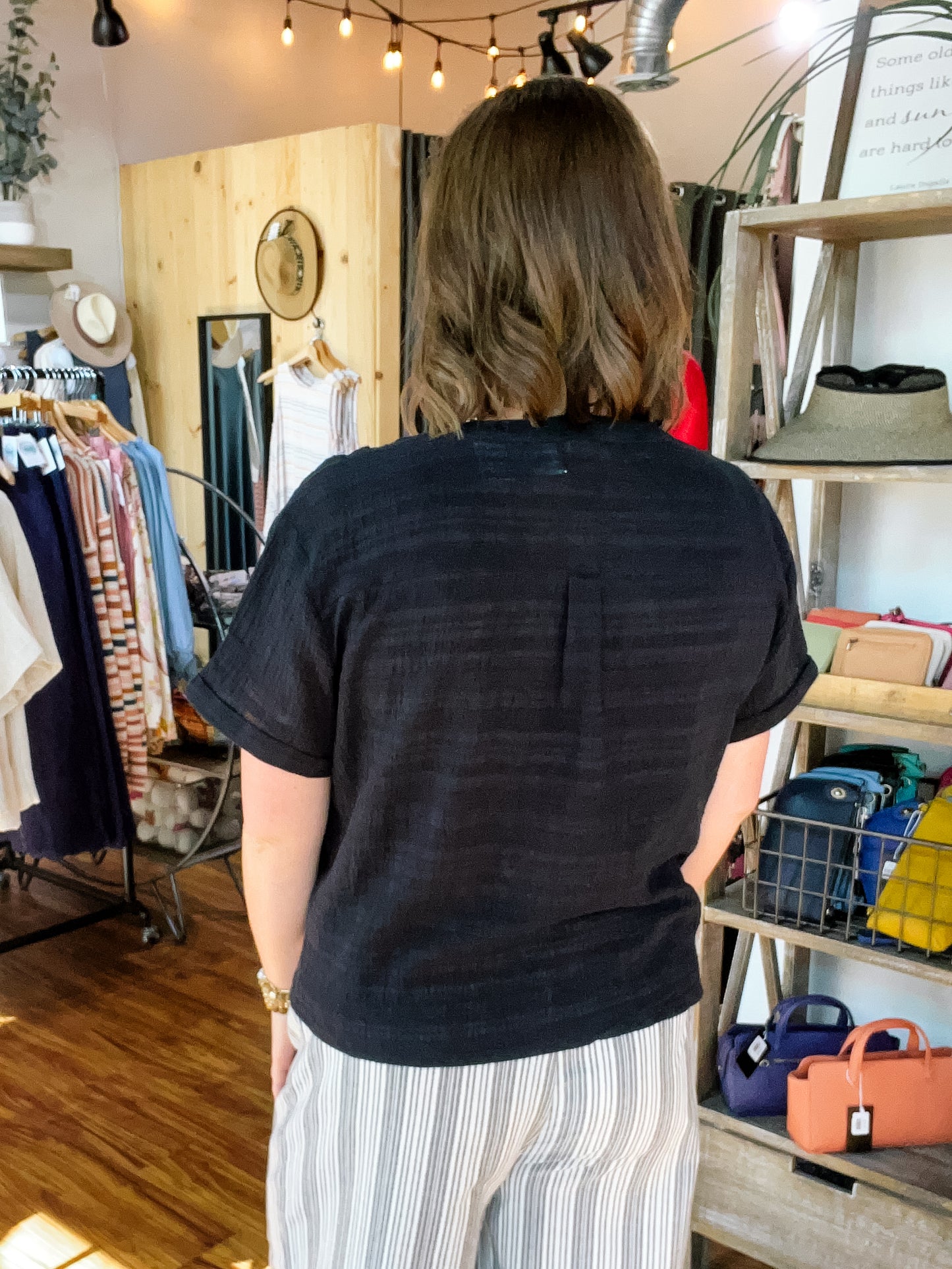 Black Button Front Top W/ Patch Pocket