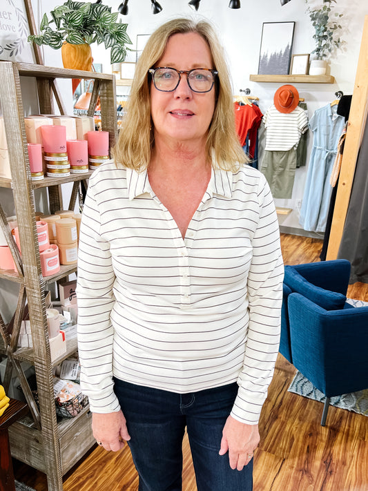Ivory W/ Black Stripe Placket Front Top