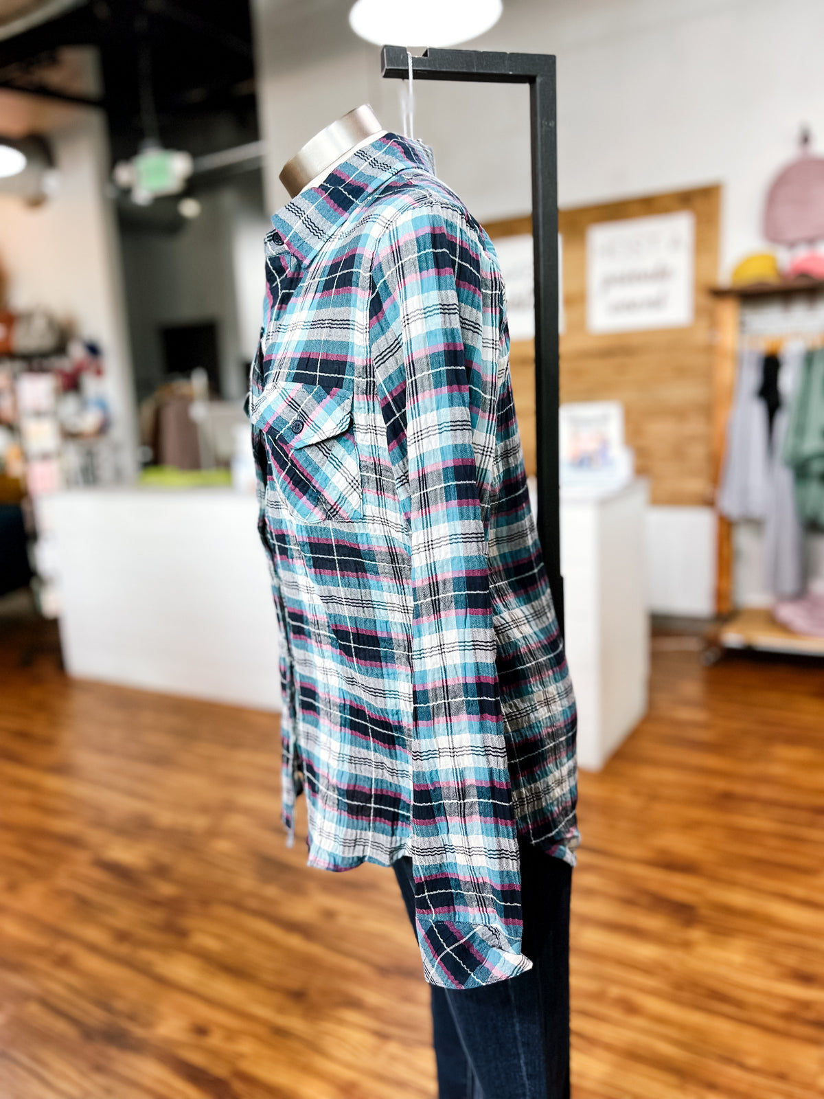 Teal Plaid Textured Top