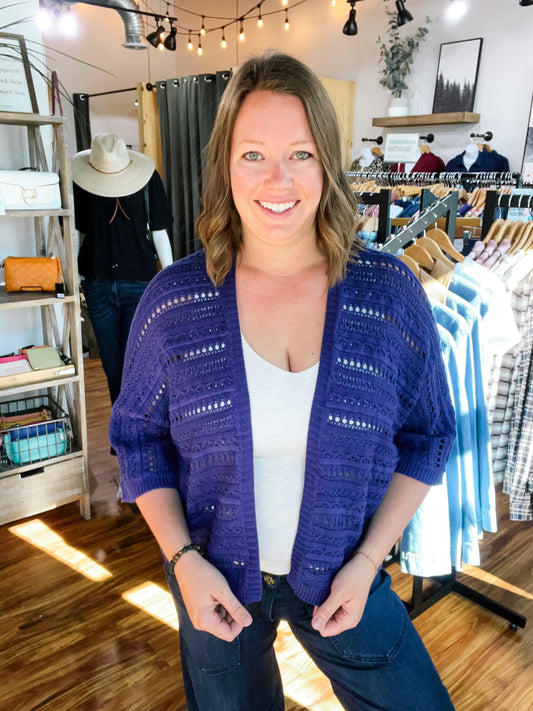 Navy Crochet Open Front Cardigan
