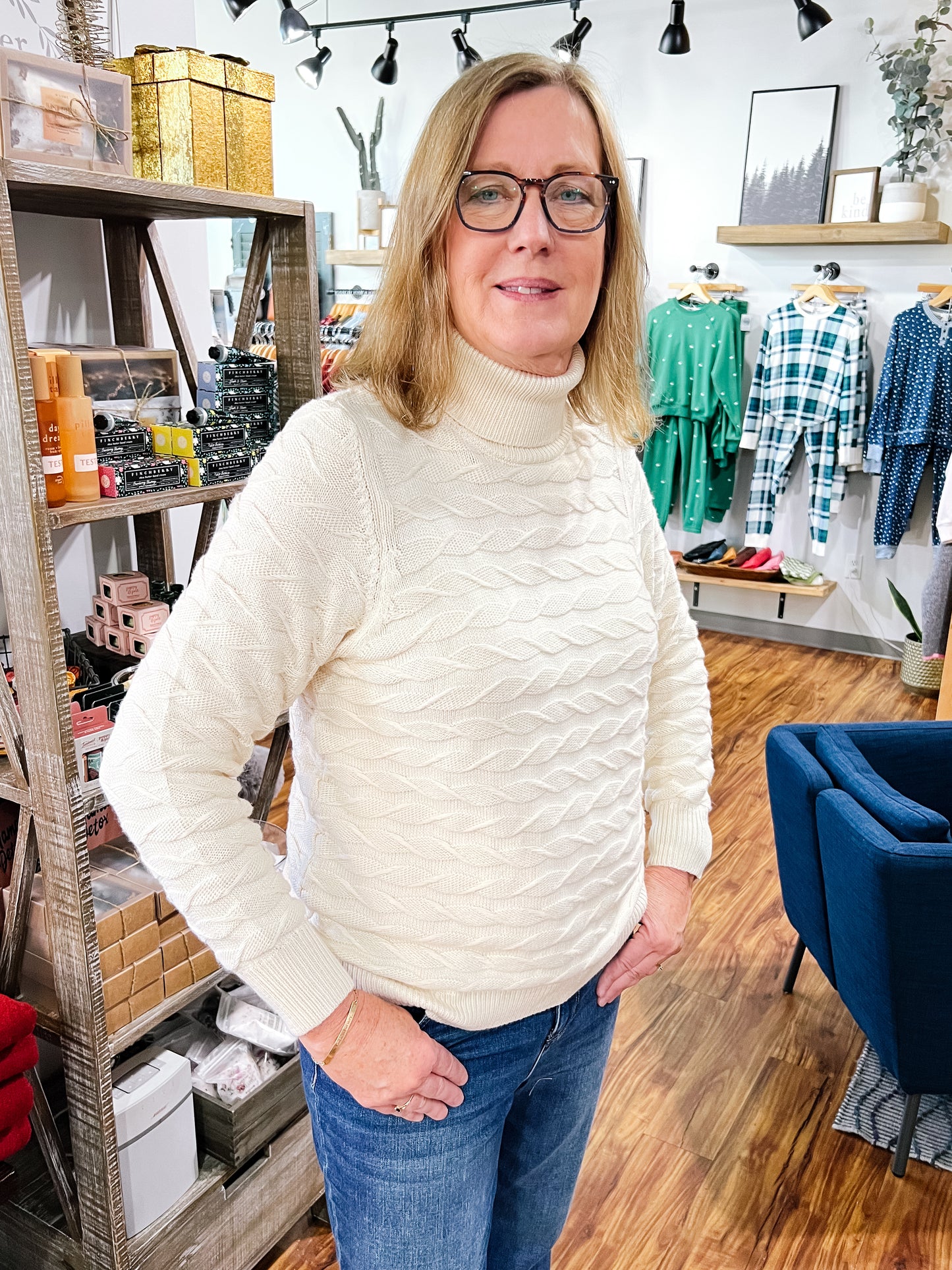 Cream Self Patterned T Neck Sweater