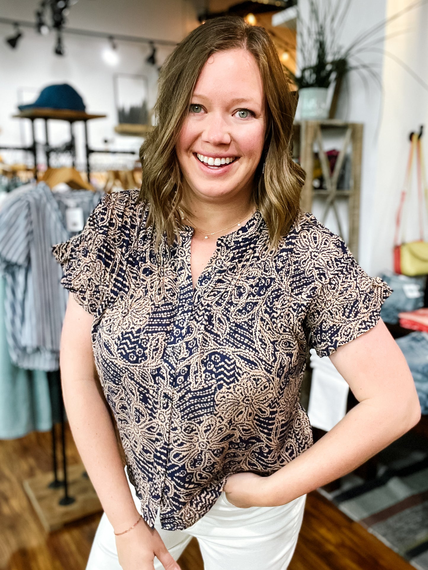 Navy & Beige Shirred Front Top