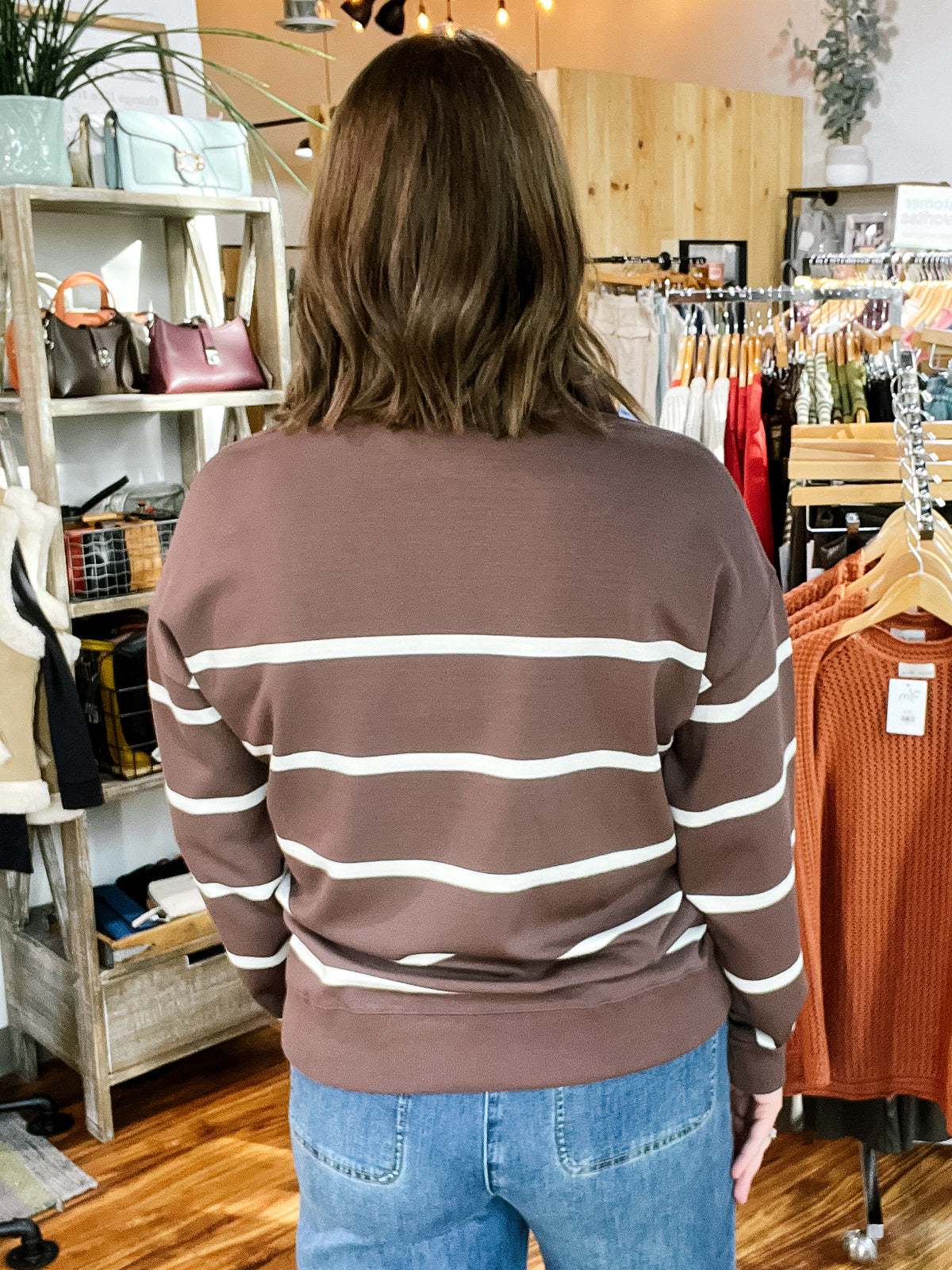 Brown w/ Cream Stripe Quarter Zip Top