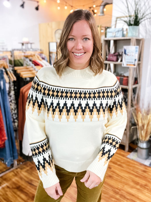 Ivory Black & Camel Aztec Print Sweater