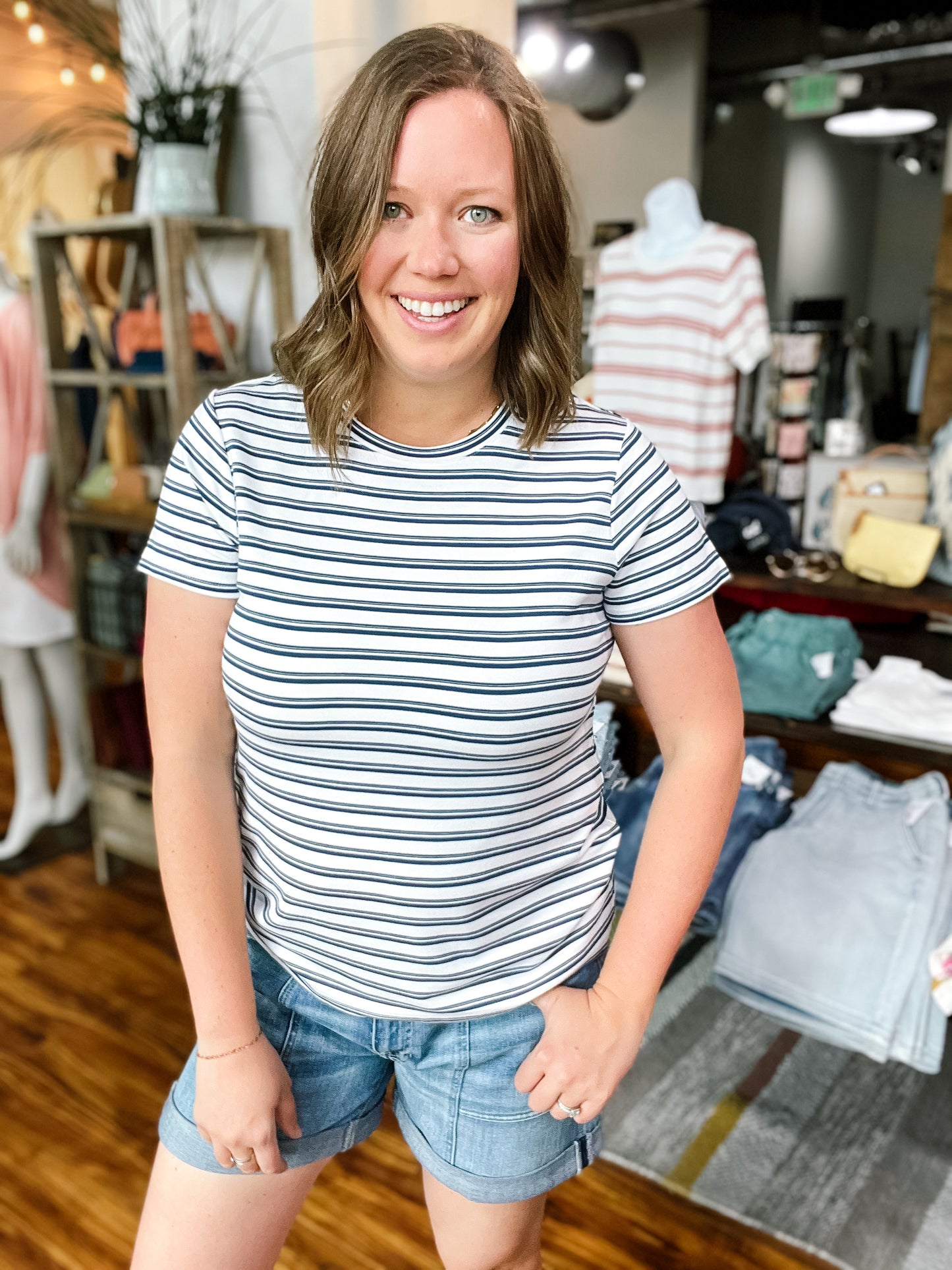 White W/ Navy Stripes Slim Fit Tee