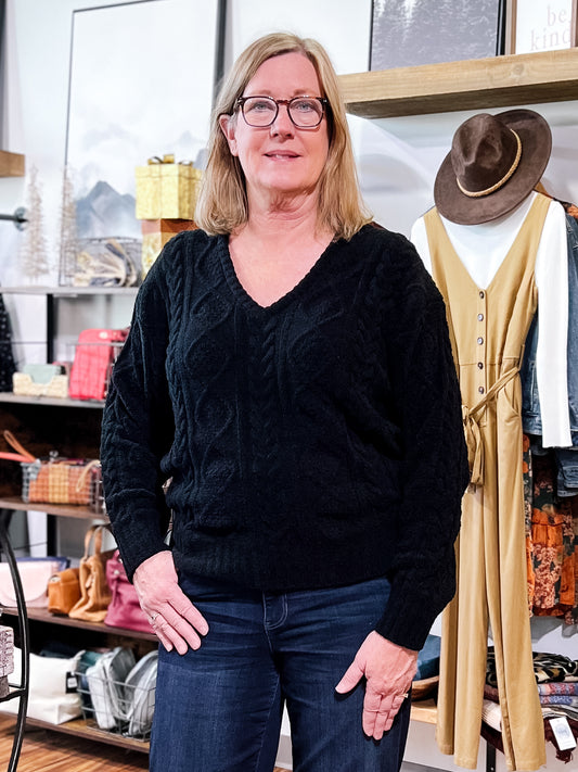 Black Cable Knit Chenille Sweater