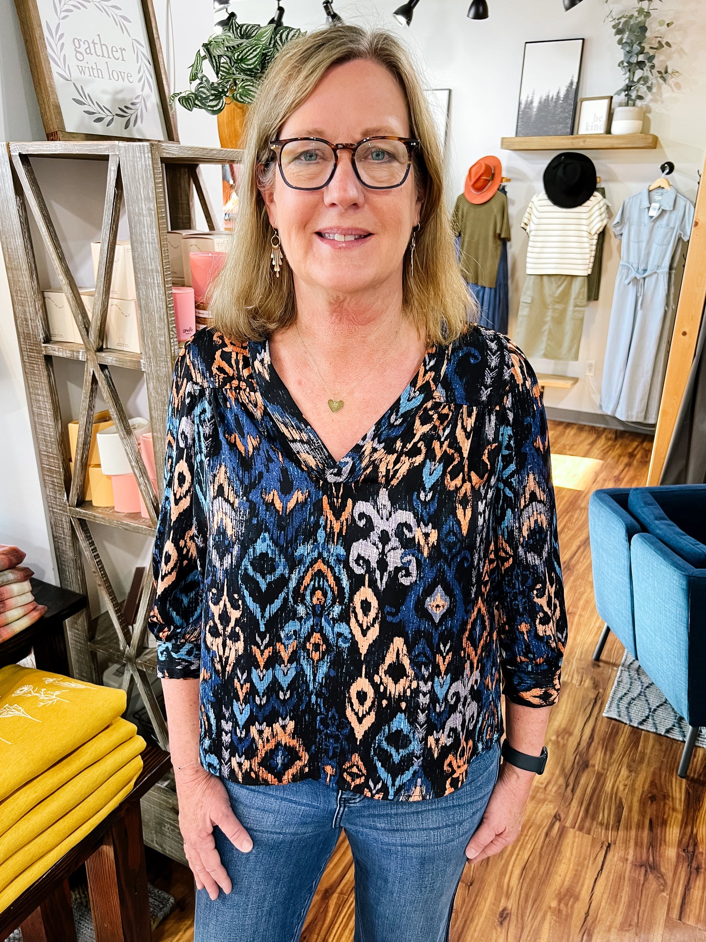 Dark Navy Jacquard Print Popover Blouse