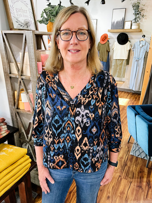 Dark Navy Jacquard Print Popover Blouse