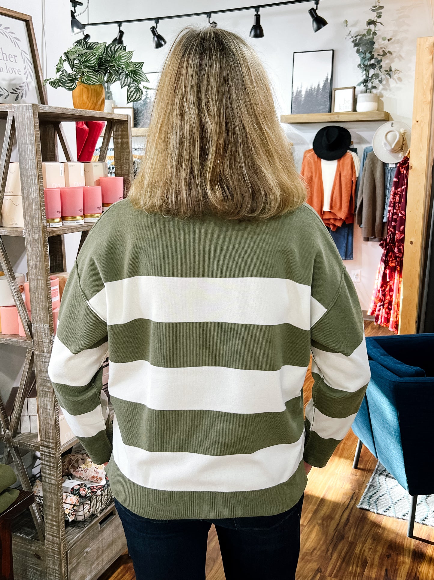 Olive & Ivory Stripe Quarter Zip Sweater