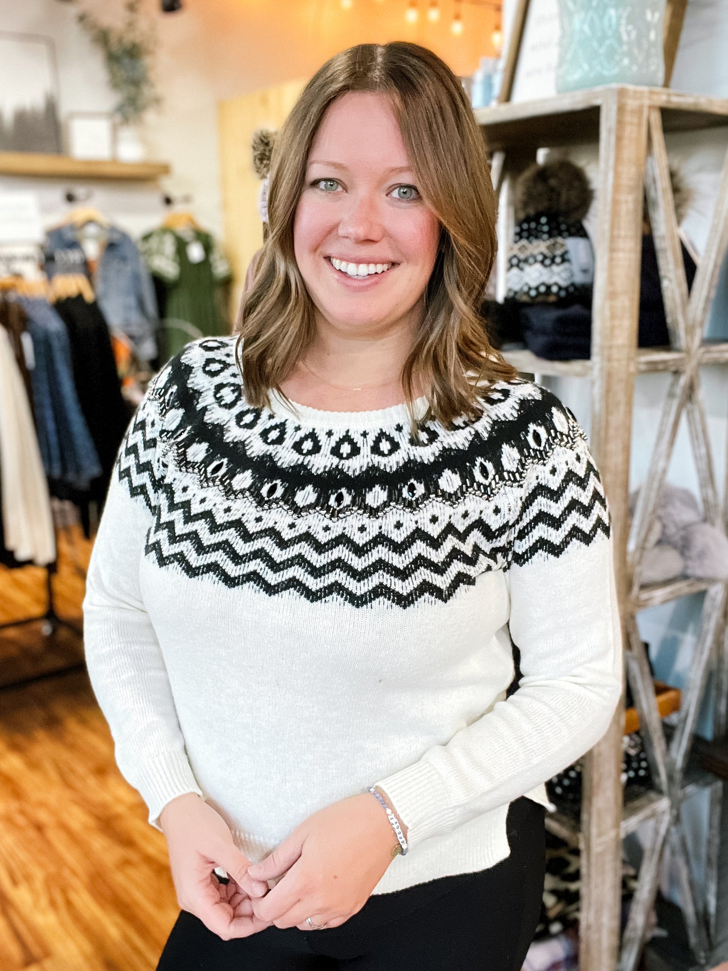 Cream & Black Beaded Sweater