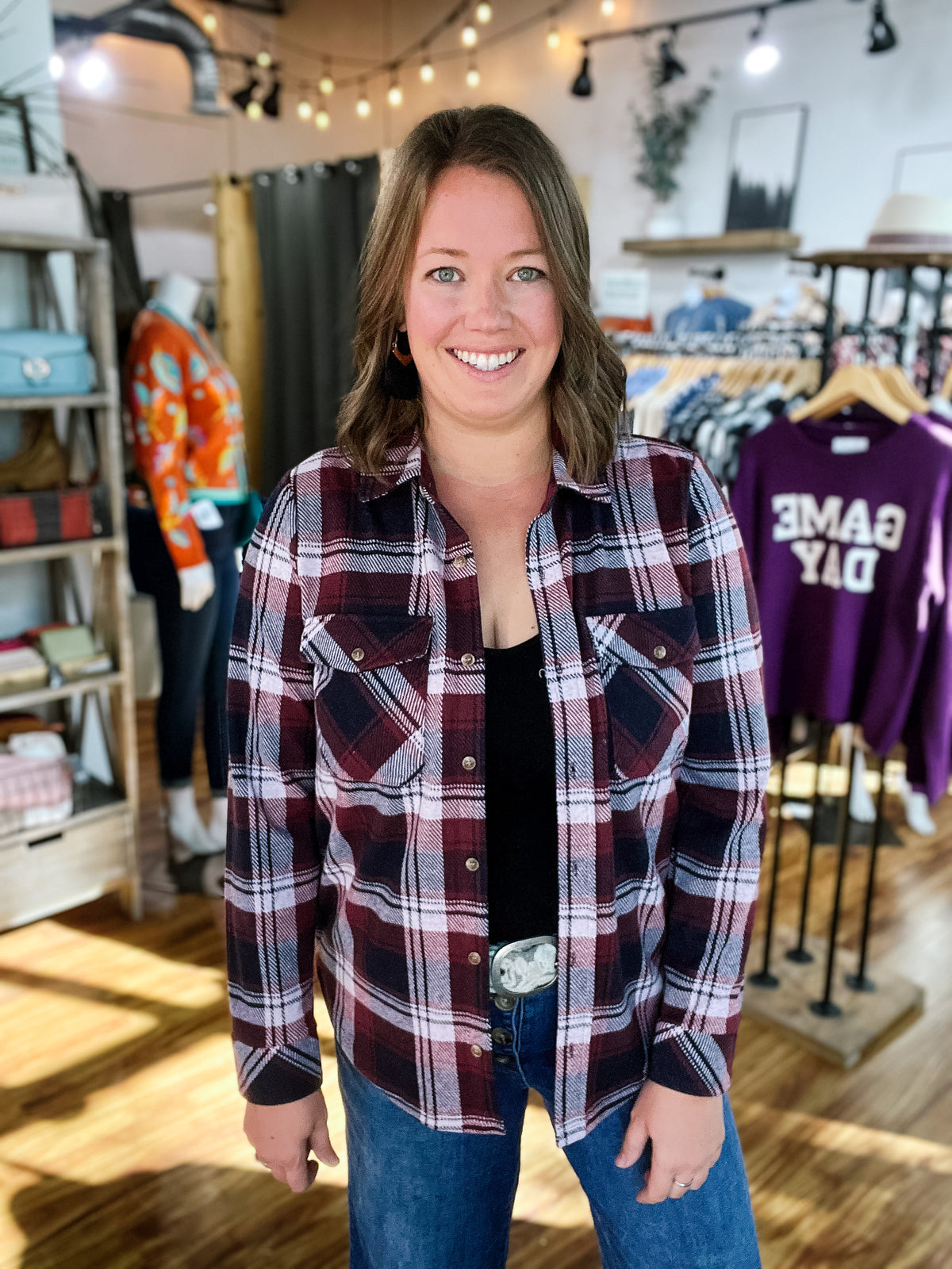 Heathered Burgundy Plaid Flannel Shirt