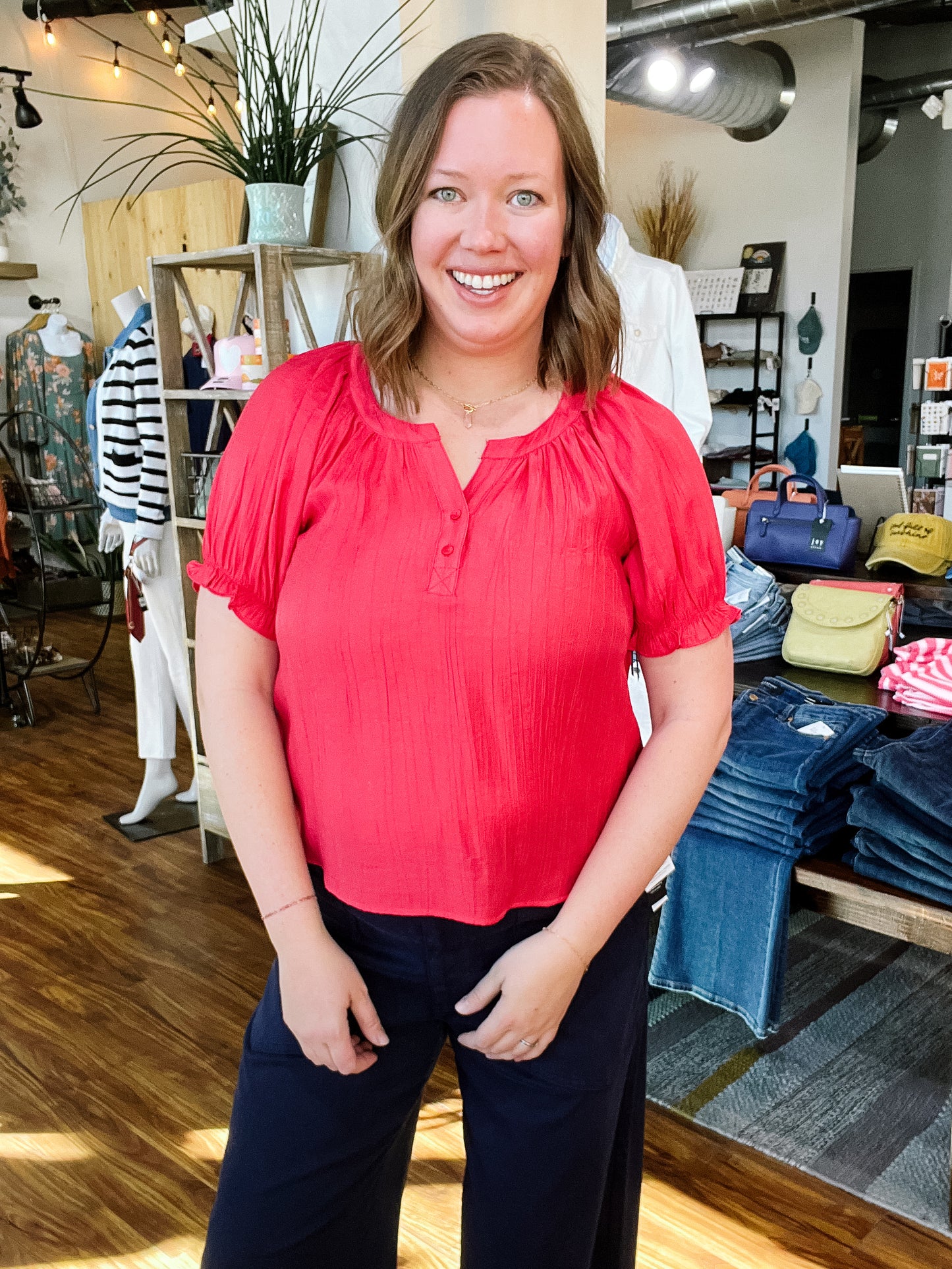 Red Gather Short Sleeve Top