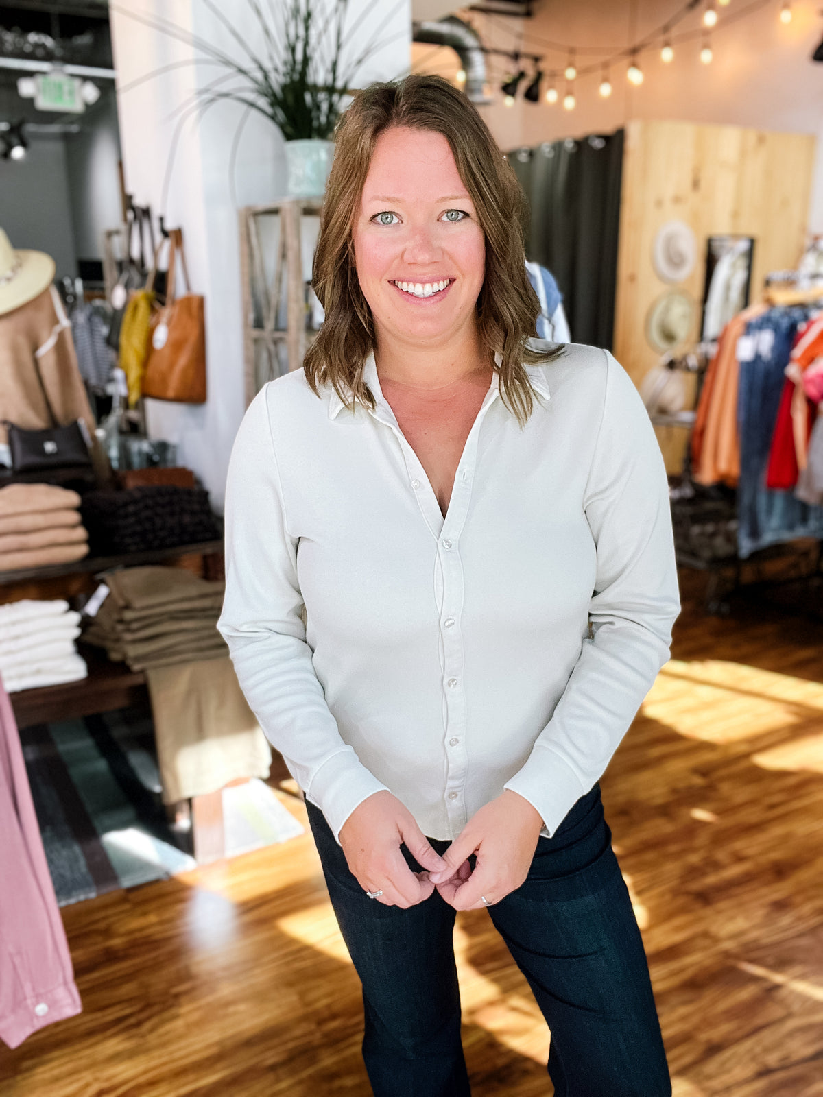 Beige Button Front Collared Long Sleeve Top