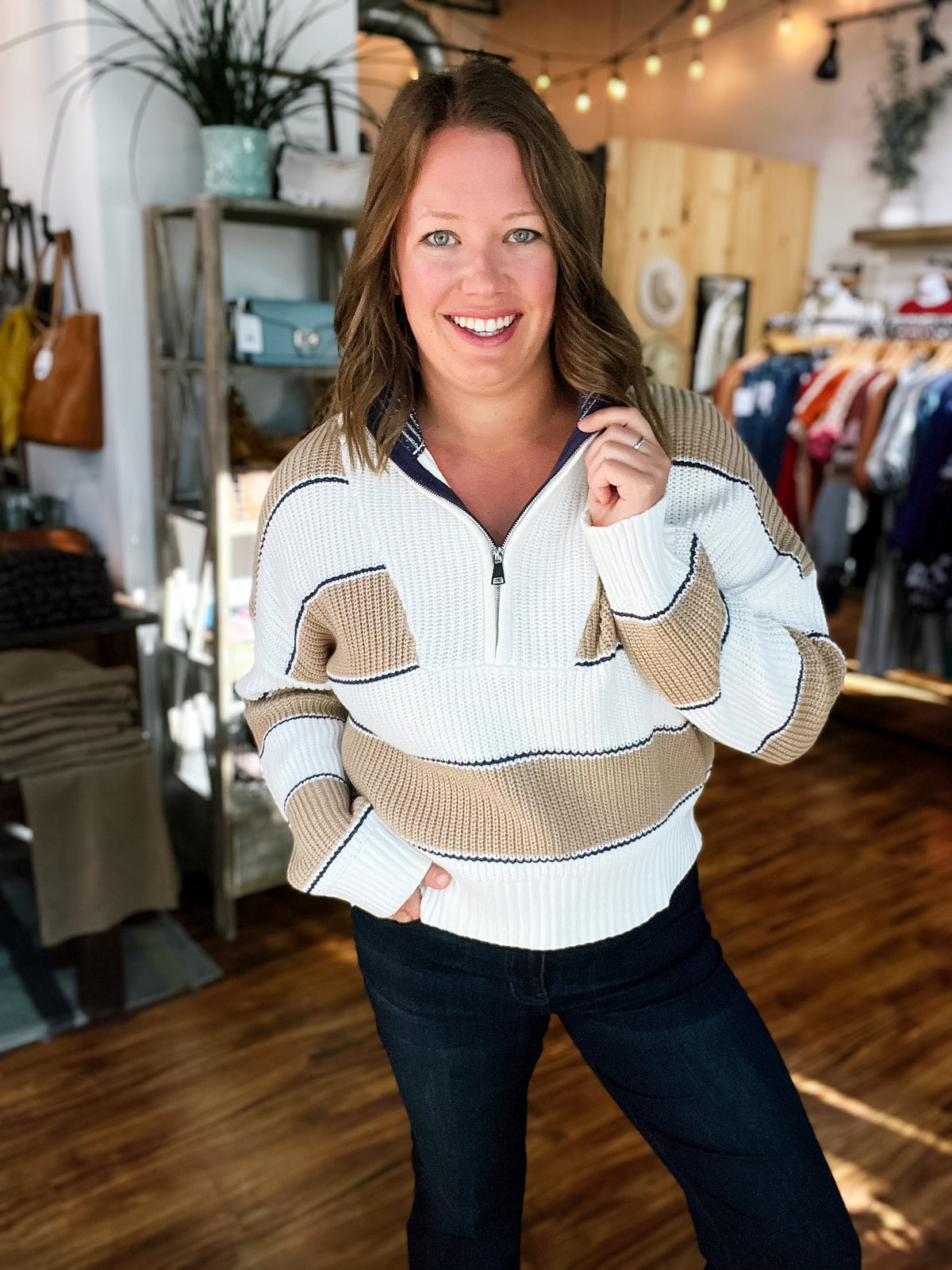 Off White Beige Stripe Half Zip Sweater