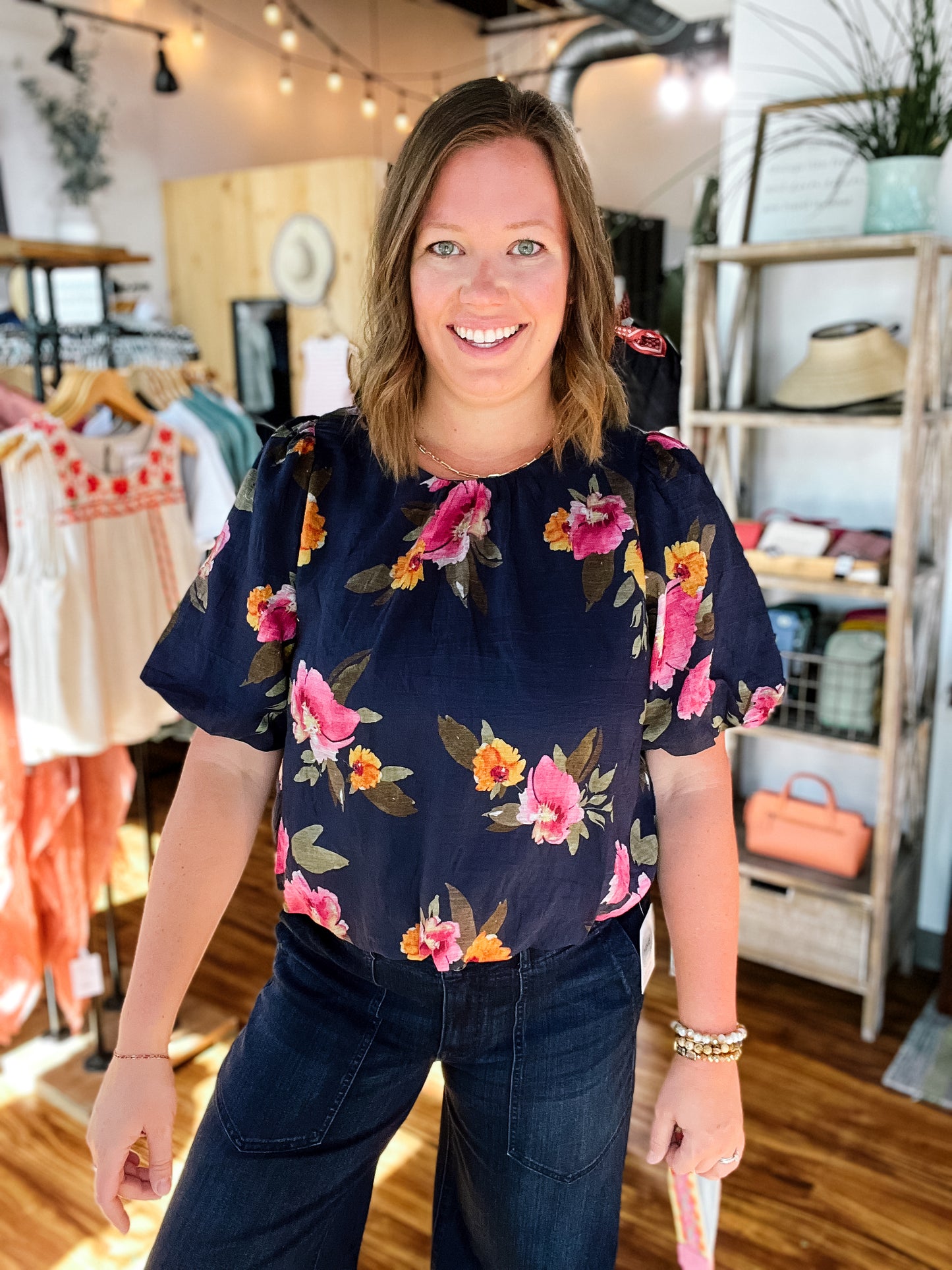 Navy Floral Puff Sleeve Top