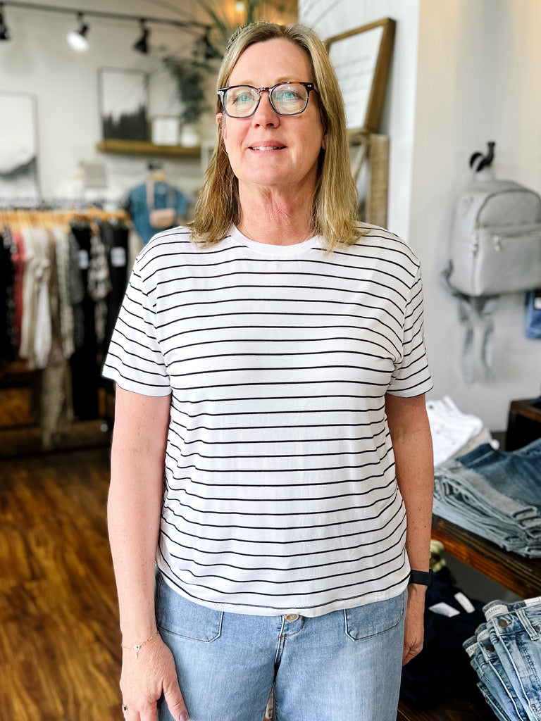 White W/ Black Stripe Top