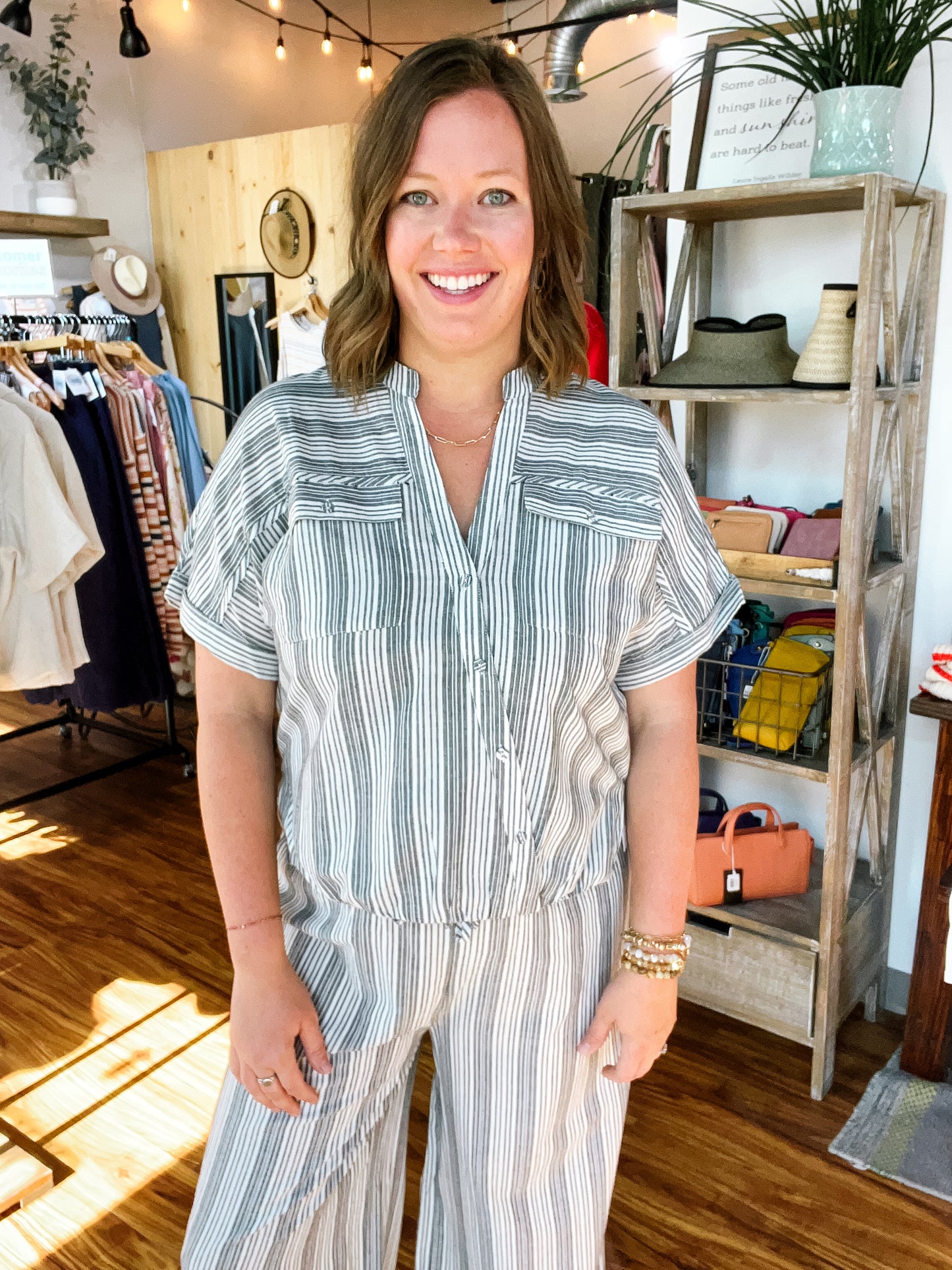 Gray & White Stripe Mock-Wrap Top