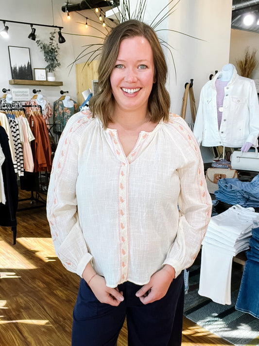 Cream & Pink Embroidered Sleeve Top