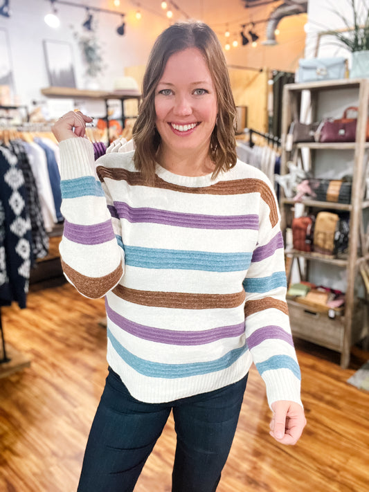 Natural, Dusty Teal, Plum, & Mocha Striped Sweater