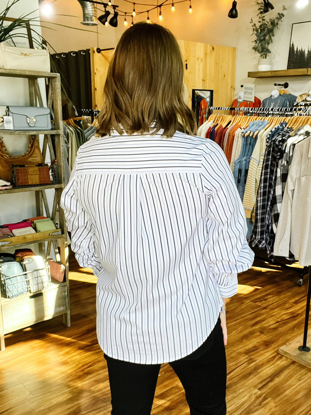 White & Blue Stripe Gather Sleeve Top
