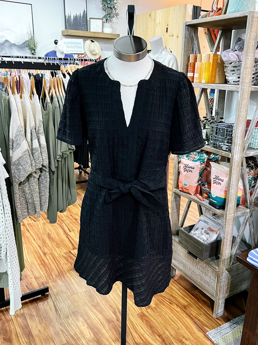 Black Short Sleeve Tie Waist Dress