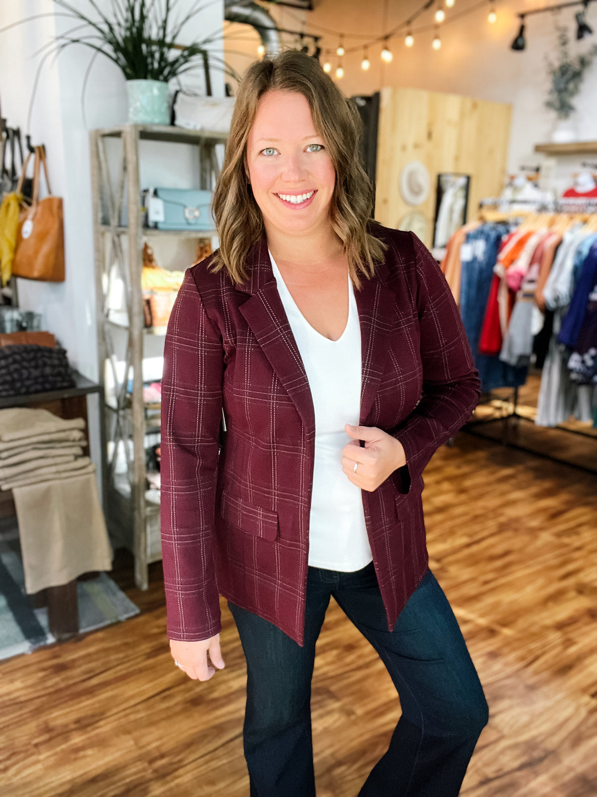Burgundy Plaid Boyfriend Blazer