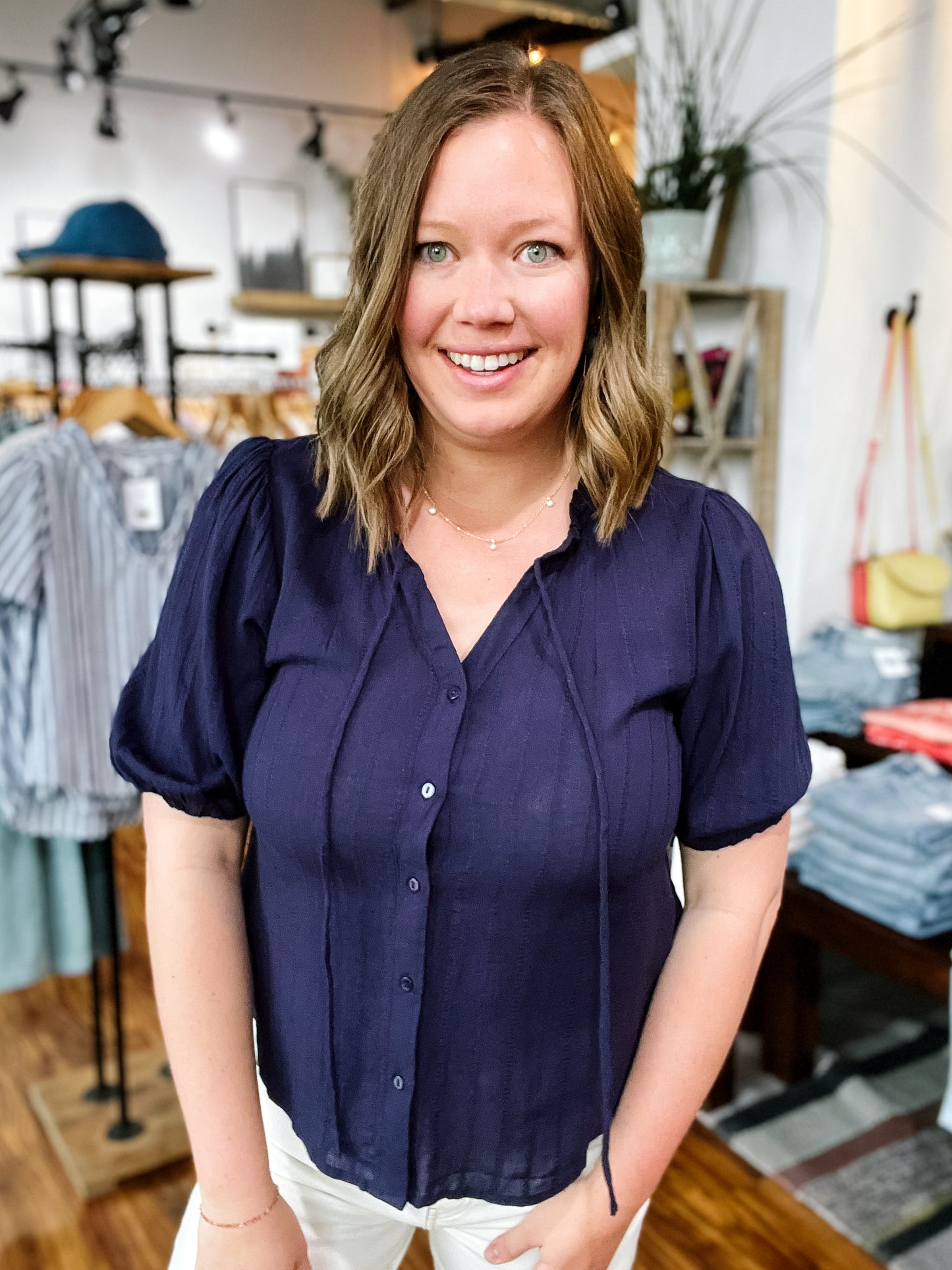 Navy Button Front Top