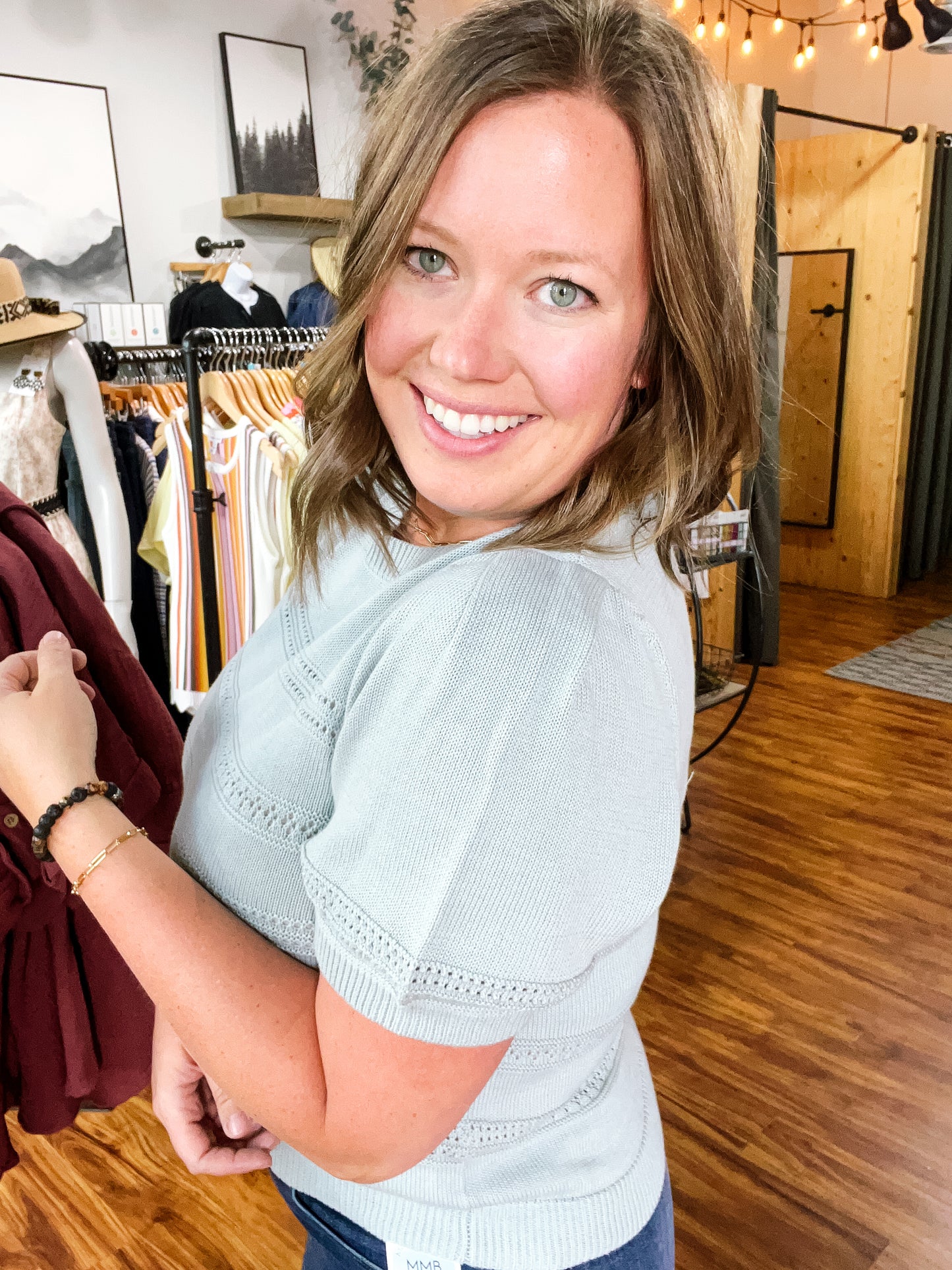 Dusty Blue Crochet Strip Short Sleeve Sweater
