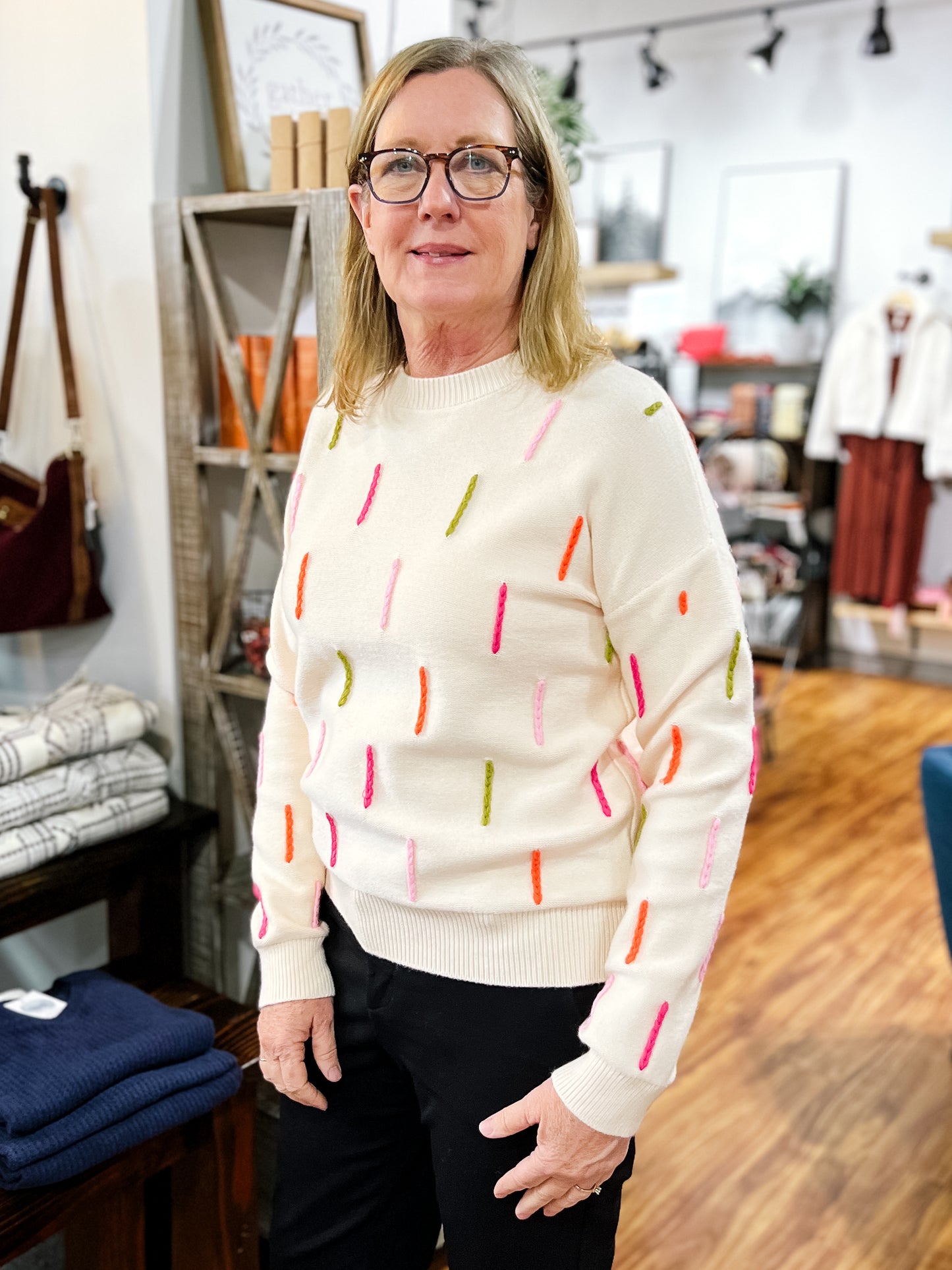 Cream Sweater w/ Colorful Detail