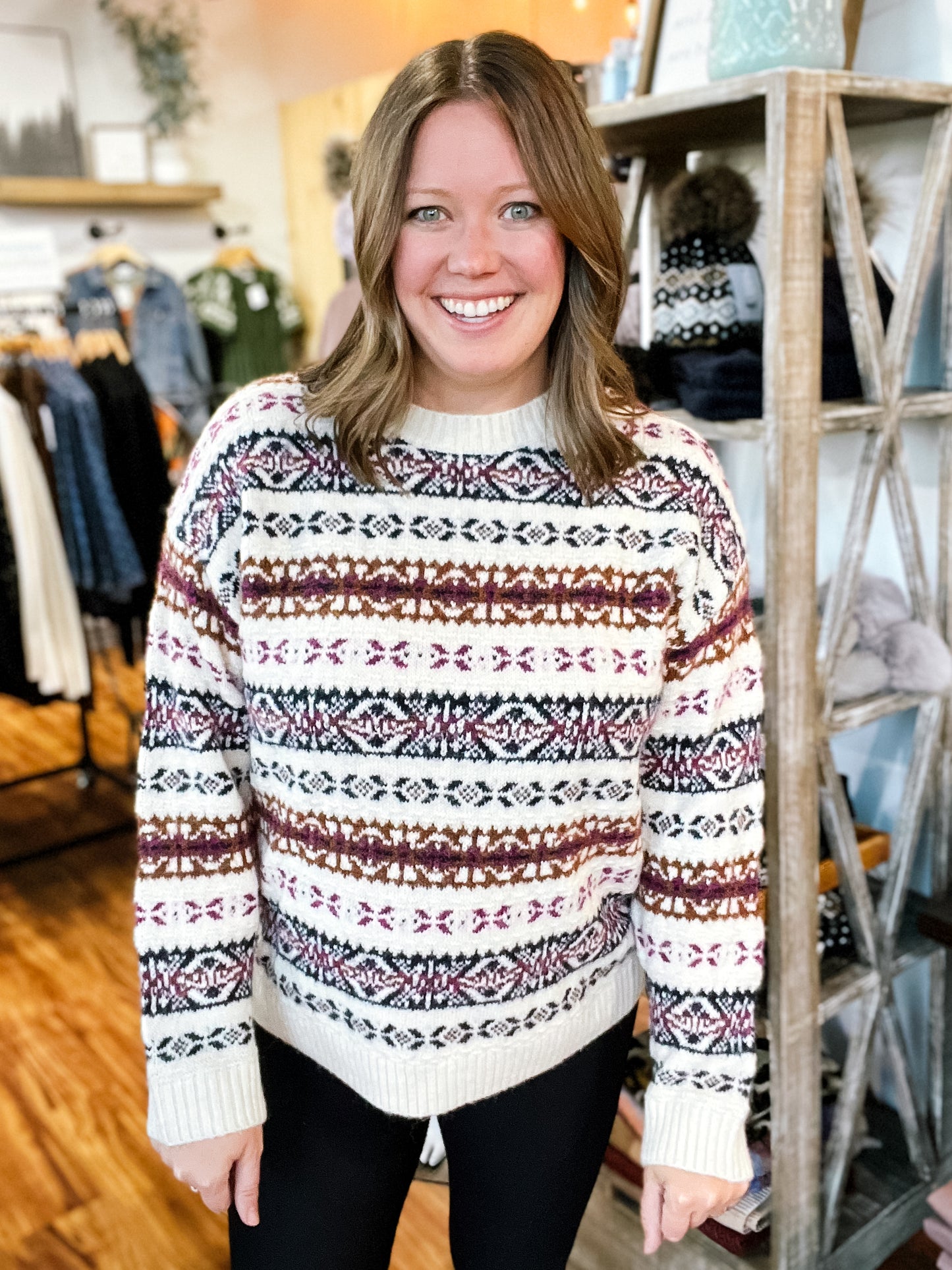Cream Burgundy Navy Pattern Sweater