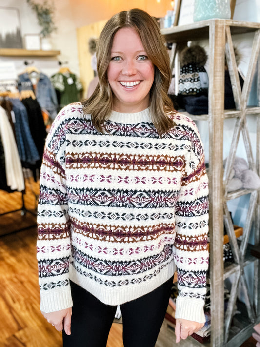 Cream Burgundy Navy Pattern Sweater