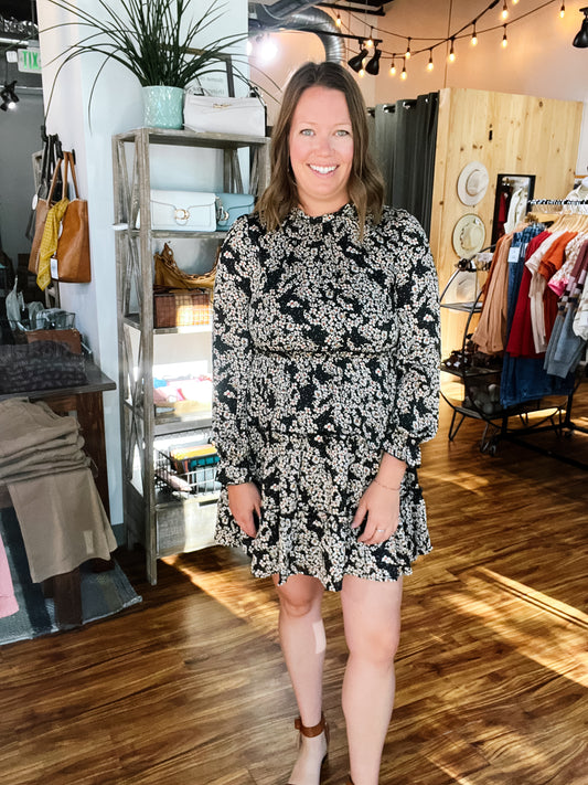 Black Floral Print Tiered Dress