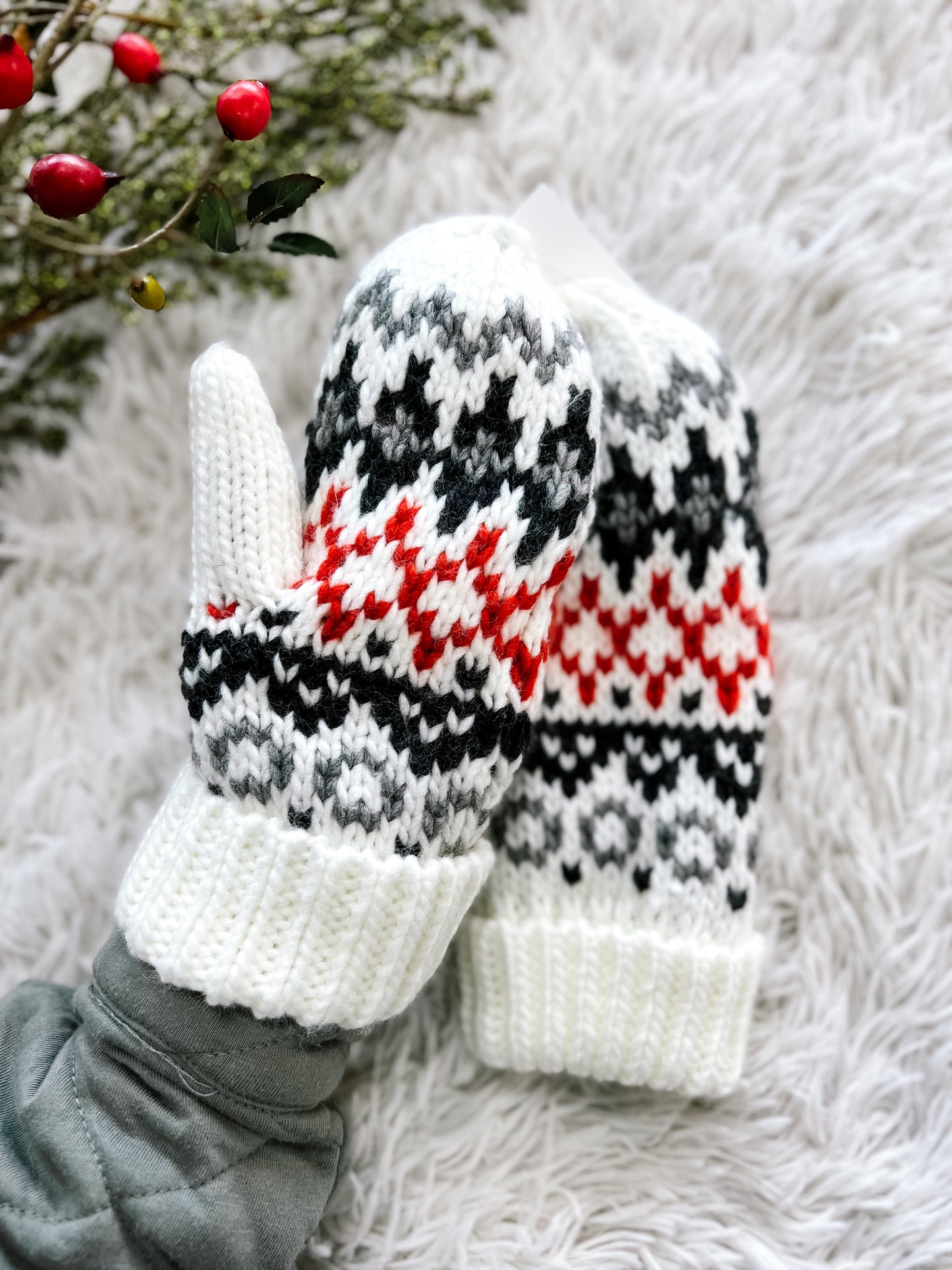 Ivory, Red & Gray Patterned Mittens