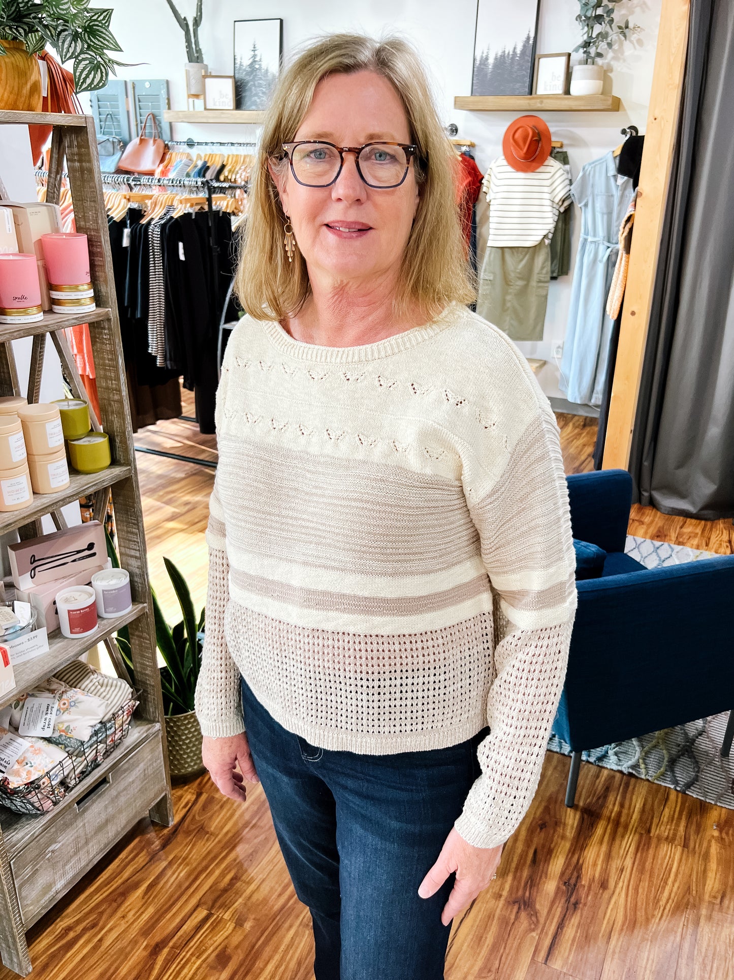 Ivory W/Beige Stripe Boat Neck Sweater