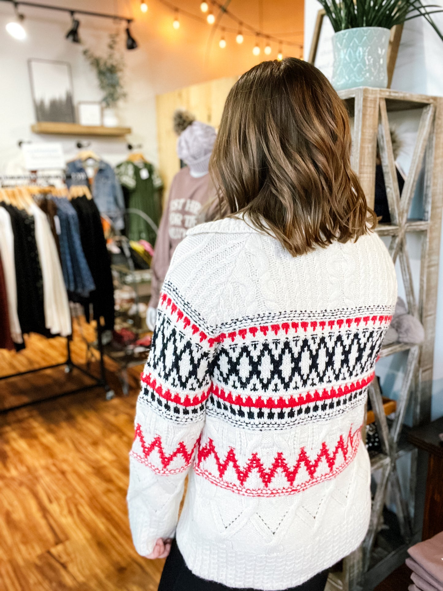 Ivory W/Red And Navy Zip Front Sweater