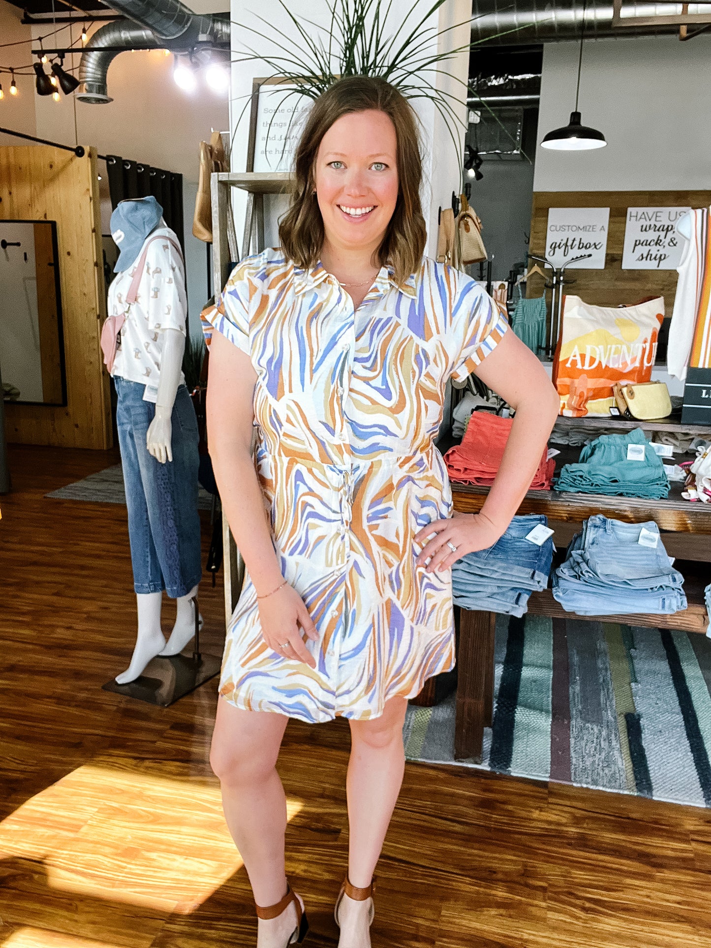 Blue, Cream & Gold Print Dress