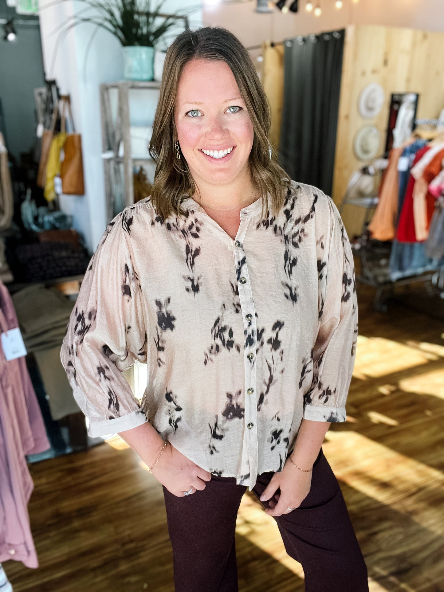 Sand & Black Print Dolman Sleeve Blouse