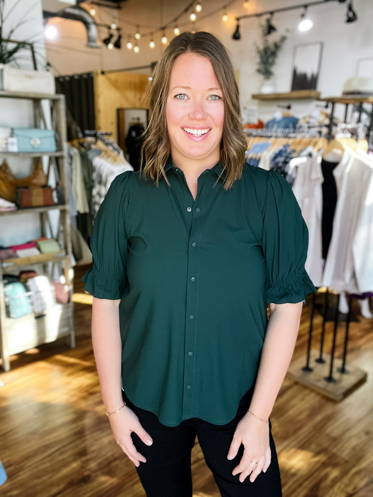 Spruce Green Collared Ruffle Short Sleeve Top