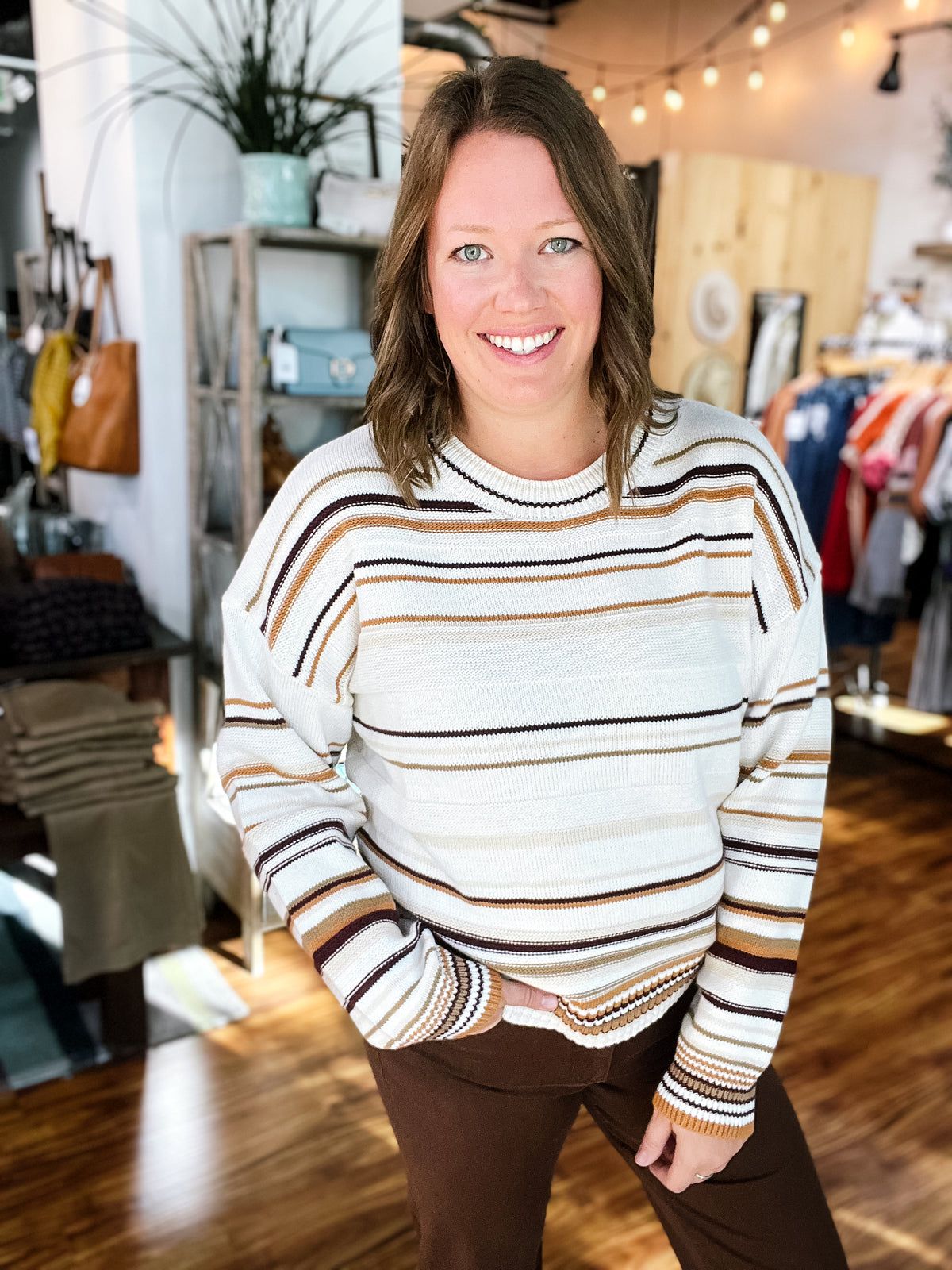 Cream W/ Brown Multi Stripe Sweater