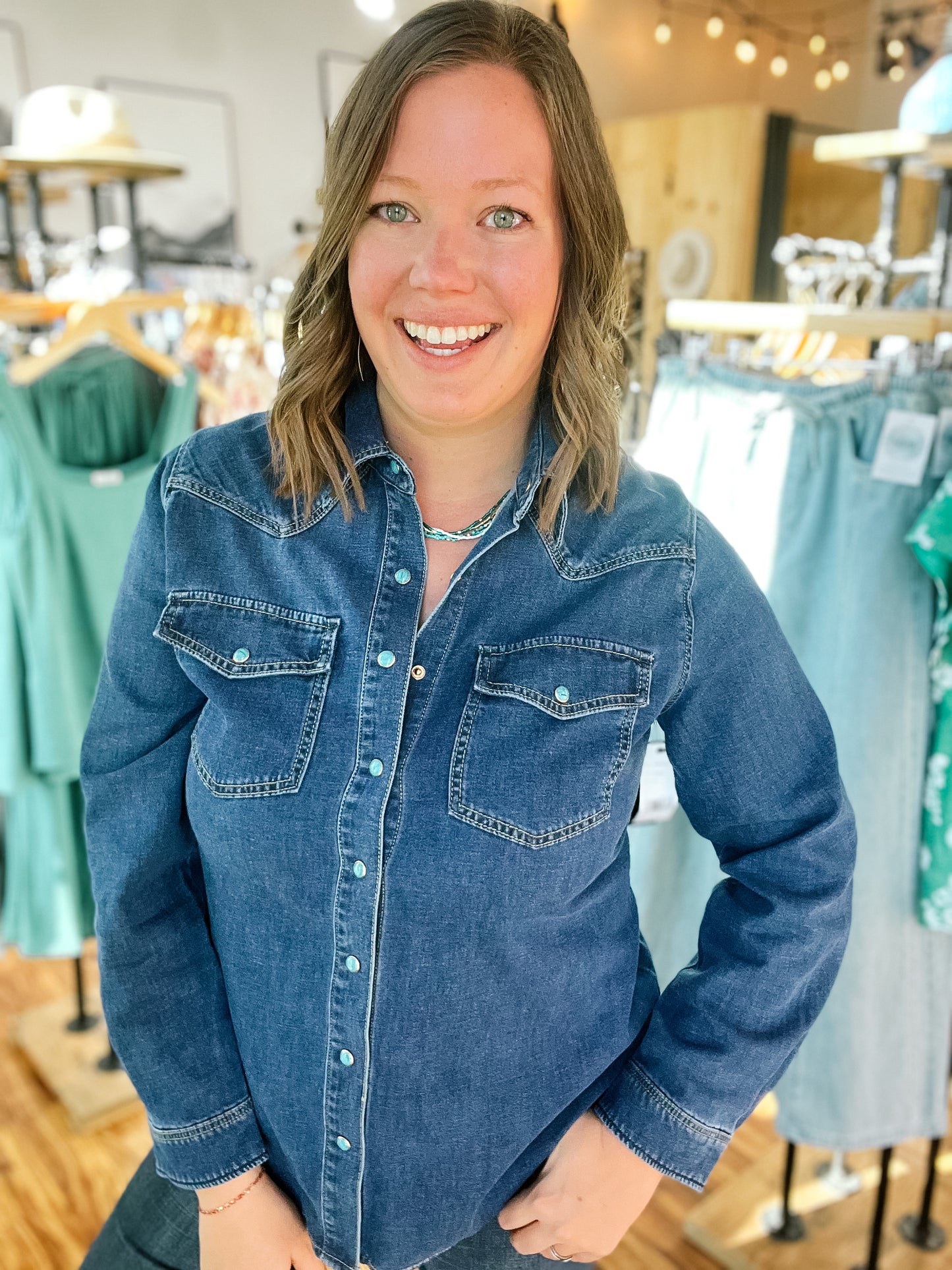 Dark Wash Western Top w/ Turquoise Buttons