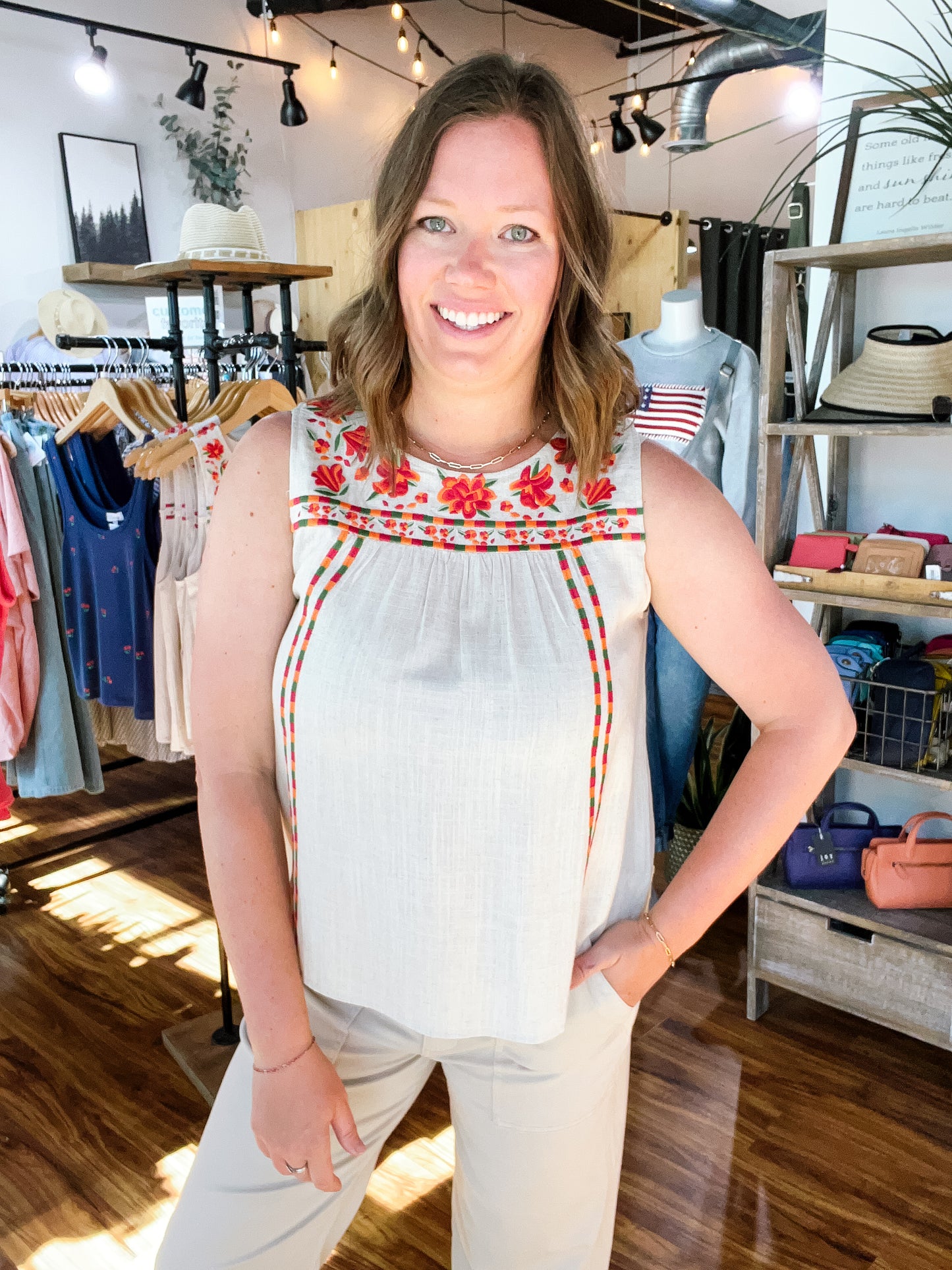 Beige Floral Embroidery Tank Top