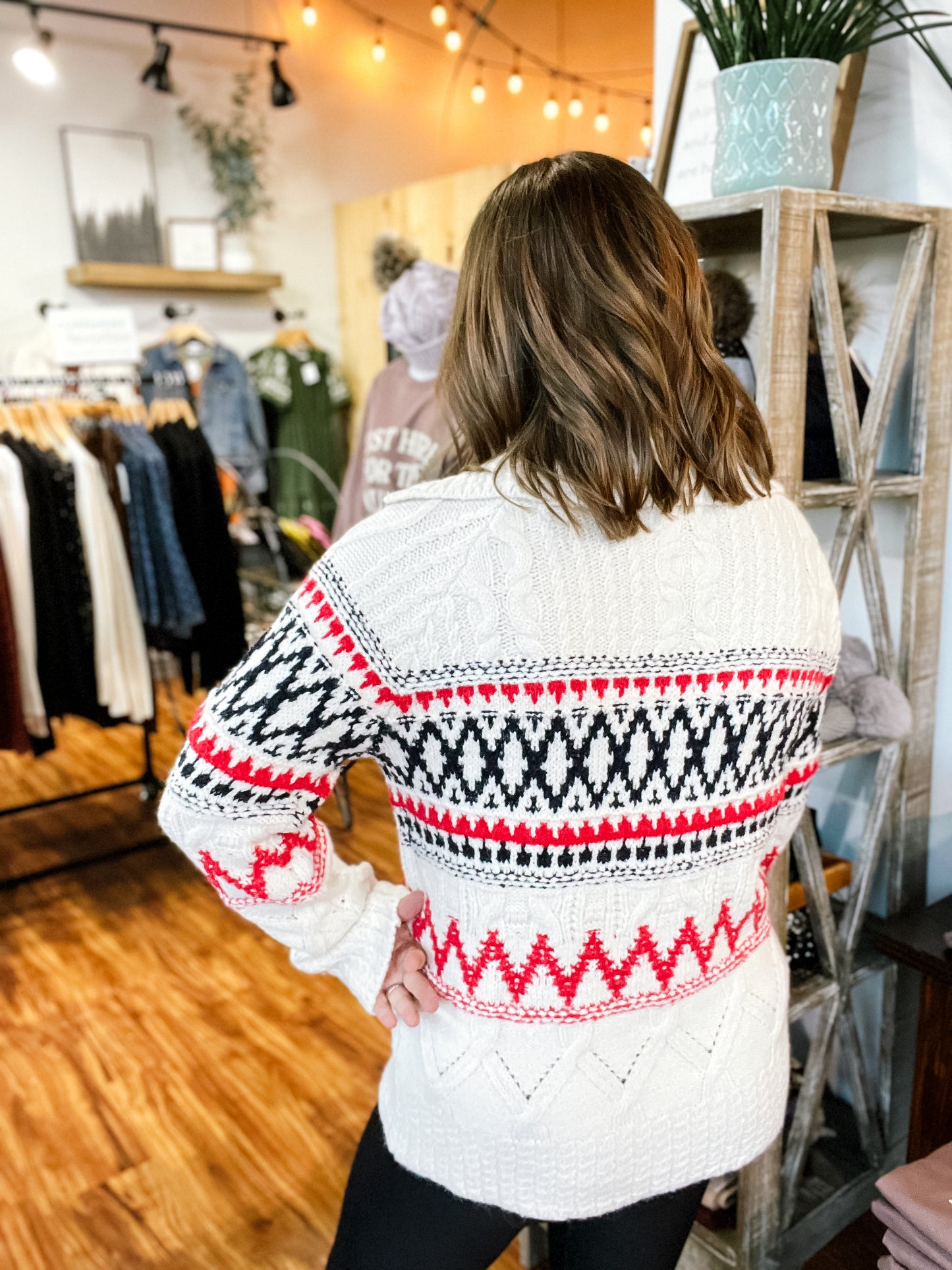 Ivory W/Red And Navy Zip Front Sweater