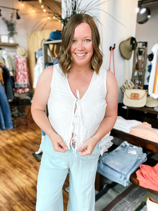 White Eyelet Tie Front Top