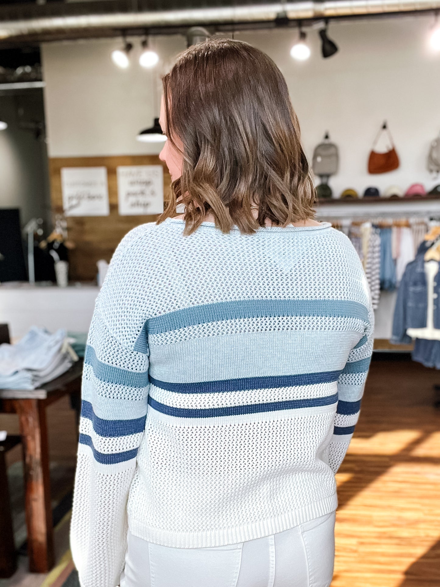 Blue Multi Stripe Boatneck Sweater