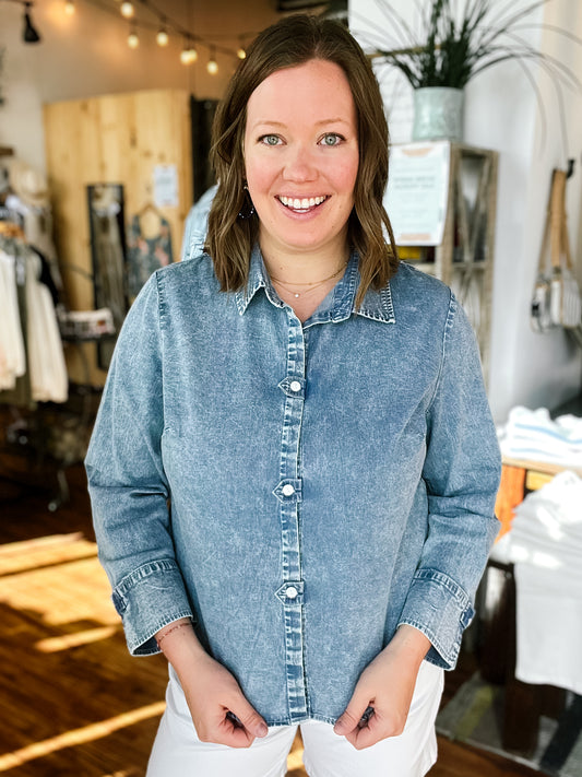 Chambray White Button Top