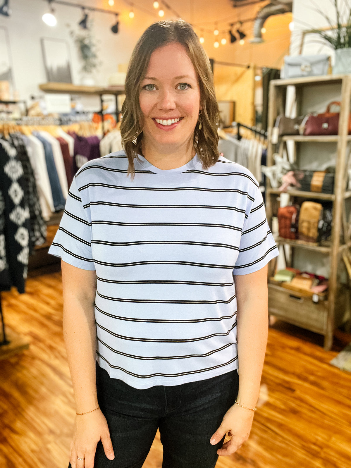 Sky Blue Striped Short Sleeve Top